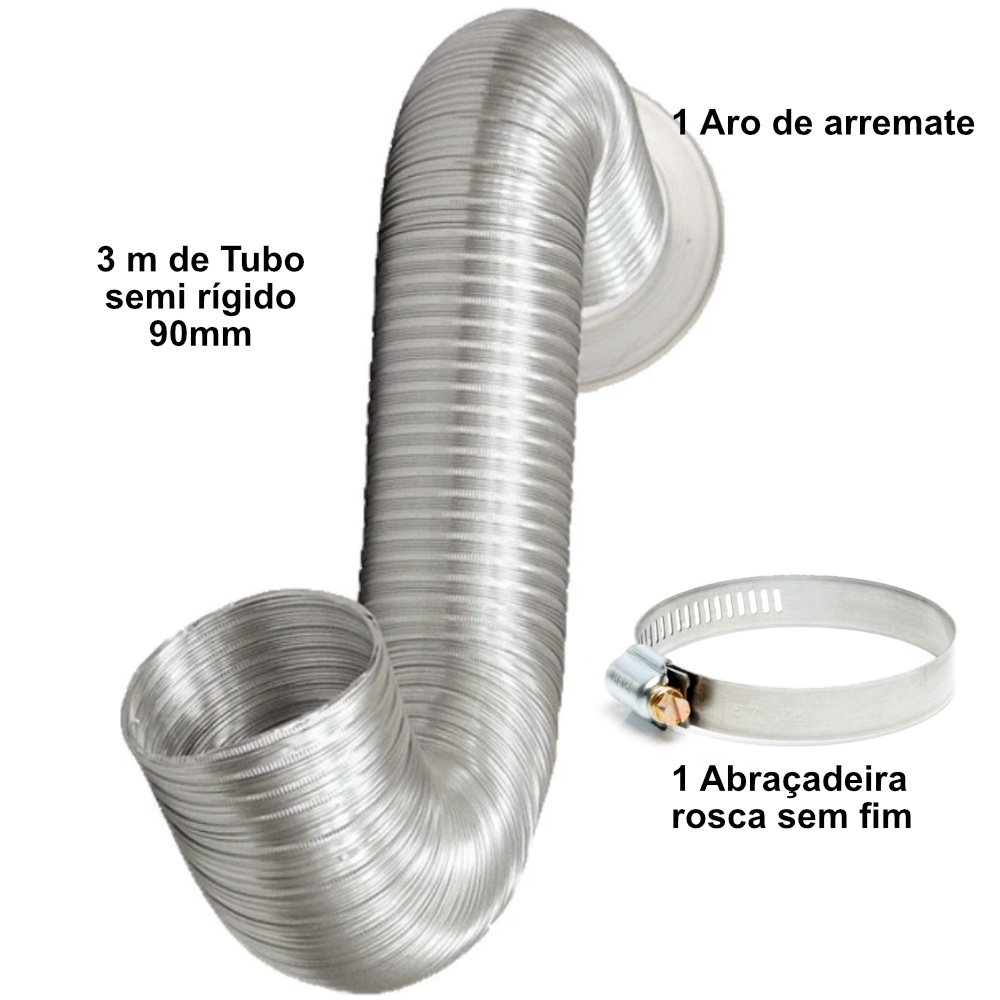 Tubo Semi Rígido em alumínio 90mm com 3m - com aro de arremate e abraçadeira