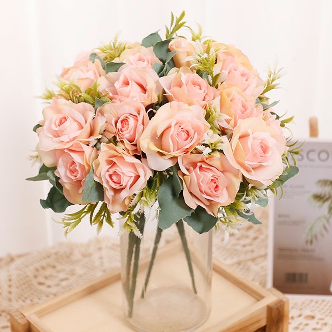 6 Cabeças Bouquet De Flor De Rosa Flores Artificiais Decoração De Casamento  Em Seda Casa Falsas De Outono | Shopee Brasil