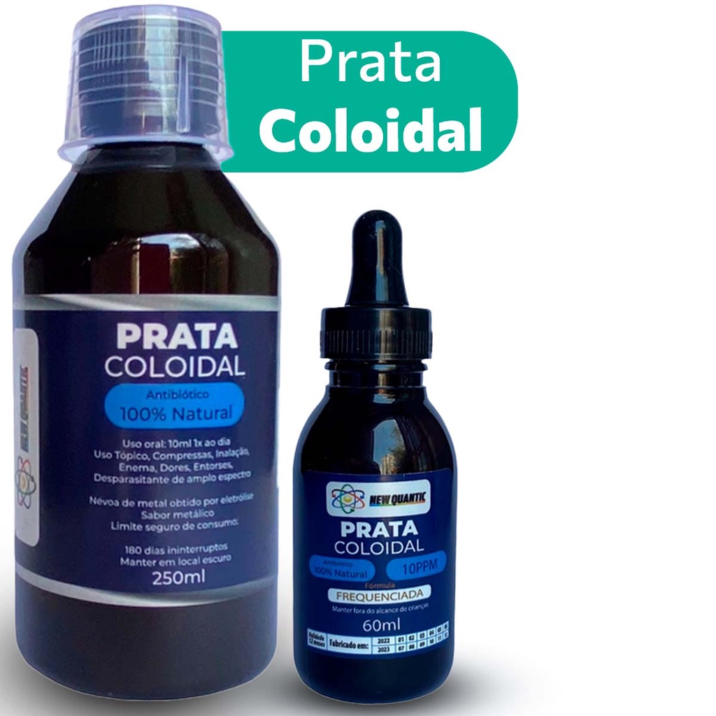 KIT COM 1 ÁGUA DE PRATA COLOIDAL 250ML + 1 ÁGUA DE PRATA COLOIDAL 60ML COM CONTA GOTAS