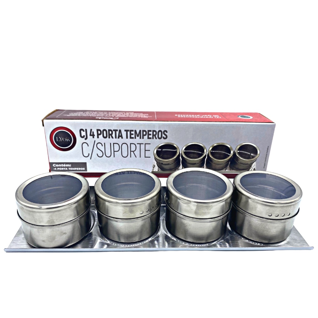 CONJUNTO 4 PORTA TEMPEROS AÇO INOX COM TAMPA ACRILICO E SUPORTE IMANTADO