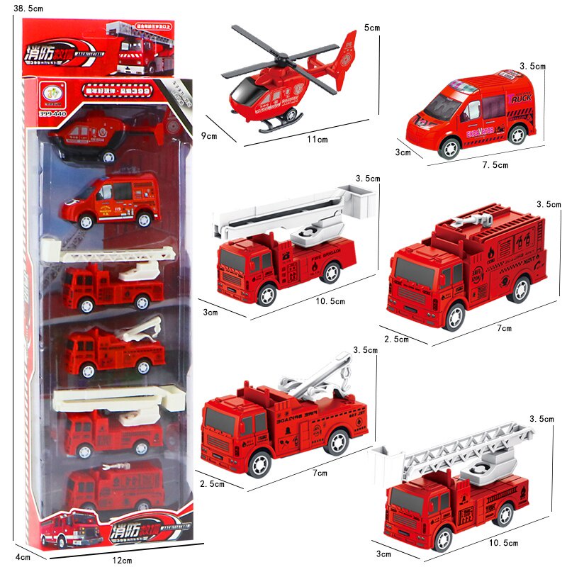 Kit Carrinho de Brinquedo Fricção Bombeiro Helicoptero Carro Caminhão para Crianças Meninos 6 Peças