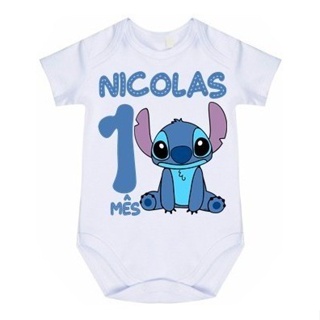 1 Body Bebê Mês Aniversário Stitch Com Nome Do Bebê em Oferta na Shopee