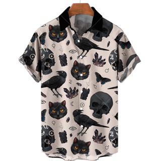 Casa De Verão Tecido Legal Fofo Desenho De Gato Padrão Vintage Dobra Sobre Colarinho Camiseta Manga Curta Masculina Adequado Para 18-25 Anos De Idade Jovens Peso 45kg A 100kg