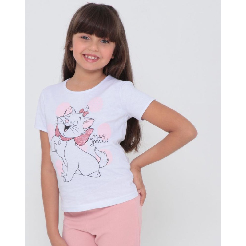Blusa Infantil Estampa Gata Marie Disney Branca