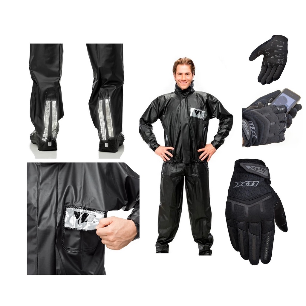 Combo Capa Roupa Chuva + Luva X11 Fit Frio Inverno Vestimenta Vestuário Jaqueta Calça Pantaneiro Pvc Preta Moto Motoqueiro