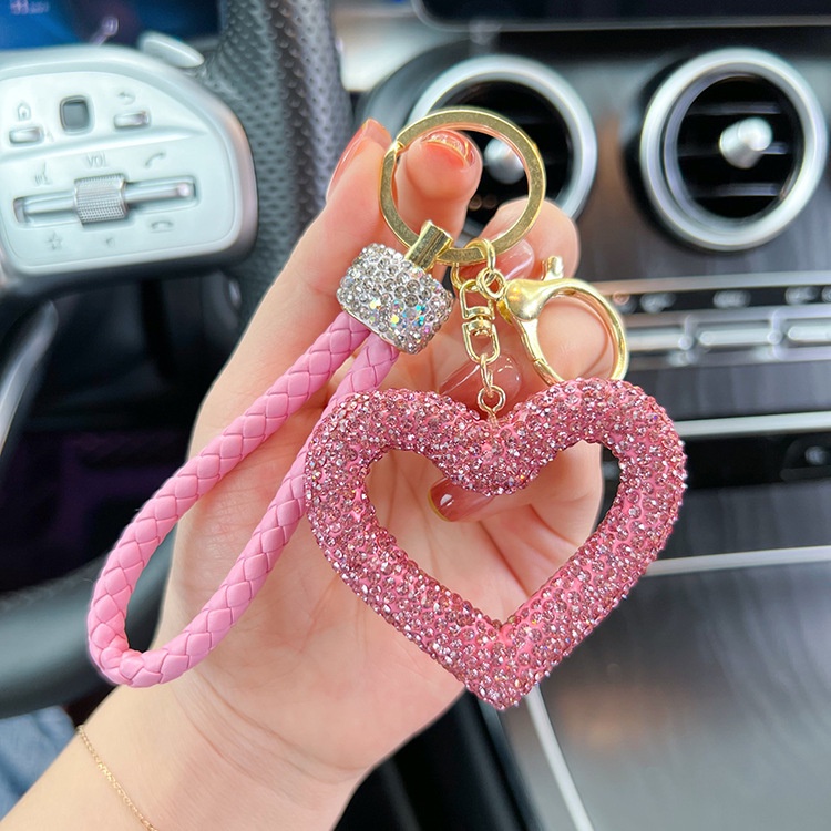 Criativo Anel Oco Coração Chave Corda De Couro Rhinestone De Carro Pingente De Bolsa