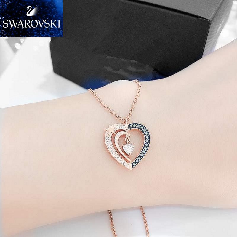 Swarovsk_i Colar De Cristal Starry Night Heart Pendant Blue Rose-gold Tone Plated Free Box Para Presentes w672