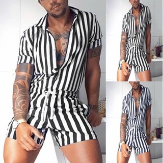 Macacão Curto Masculina Casual Estampado Listrada Moda Roupas Verão Plus Size P-3XG