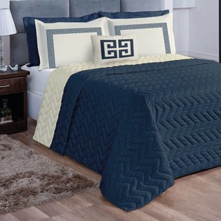 Cobre Leito Grecco Casal Padrão Dupla Face 7 Peças Matelado Colcha Azul Marinho