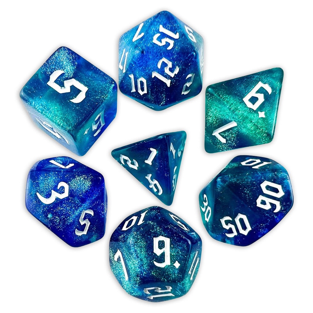 Kit 7 Dados RPG Iridescente Azul e Verde Poliédricos Brilho Glitter Set dice D&D D20 D12 D10 D% D8 D6 D4