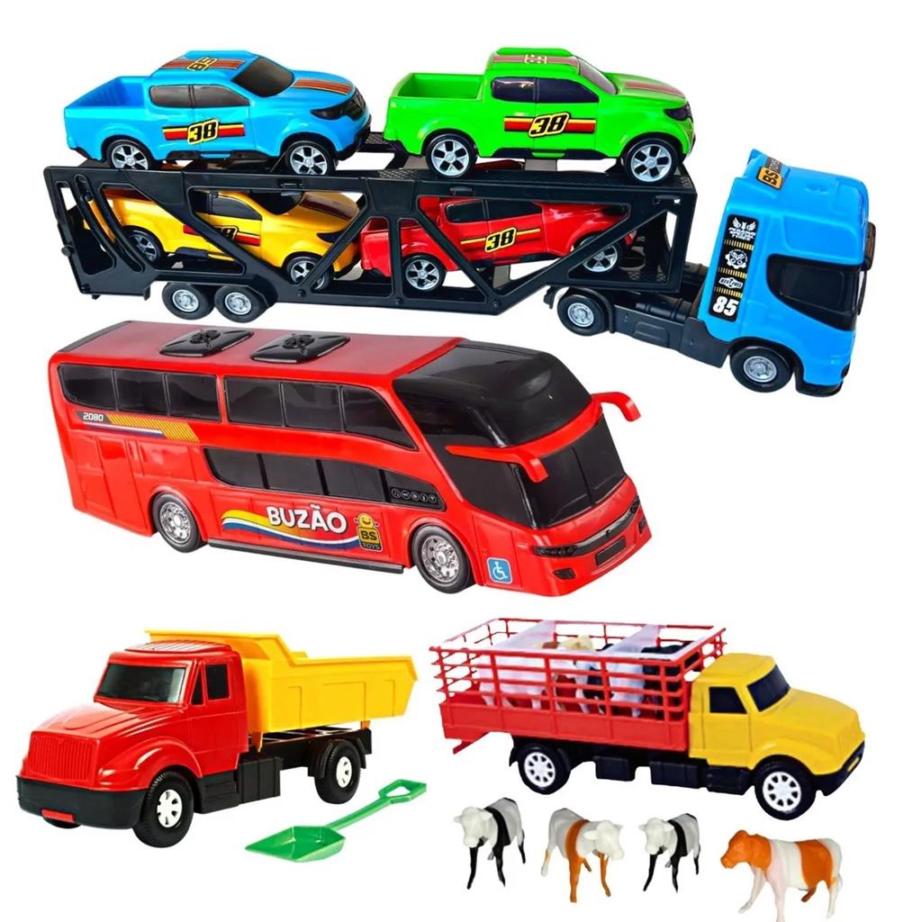 Kit Carreta Cegonheira Cegonha Caminhao Animais Cacamba Brinquedo Onibus Doacao Presente