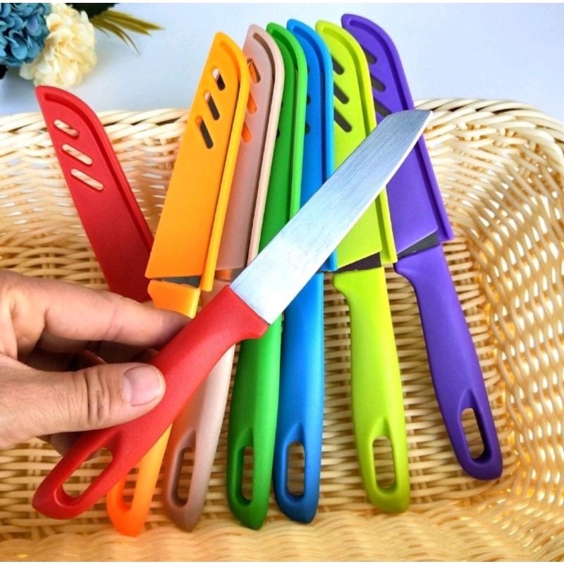 Faca de Aço Inox Portátil Colorida Lâmina Afiada Corta Fatia Descasca Legume Vegetal Salada Fruta Cozinha Comida Capa Bainha Protetora Capa