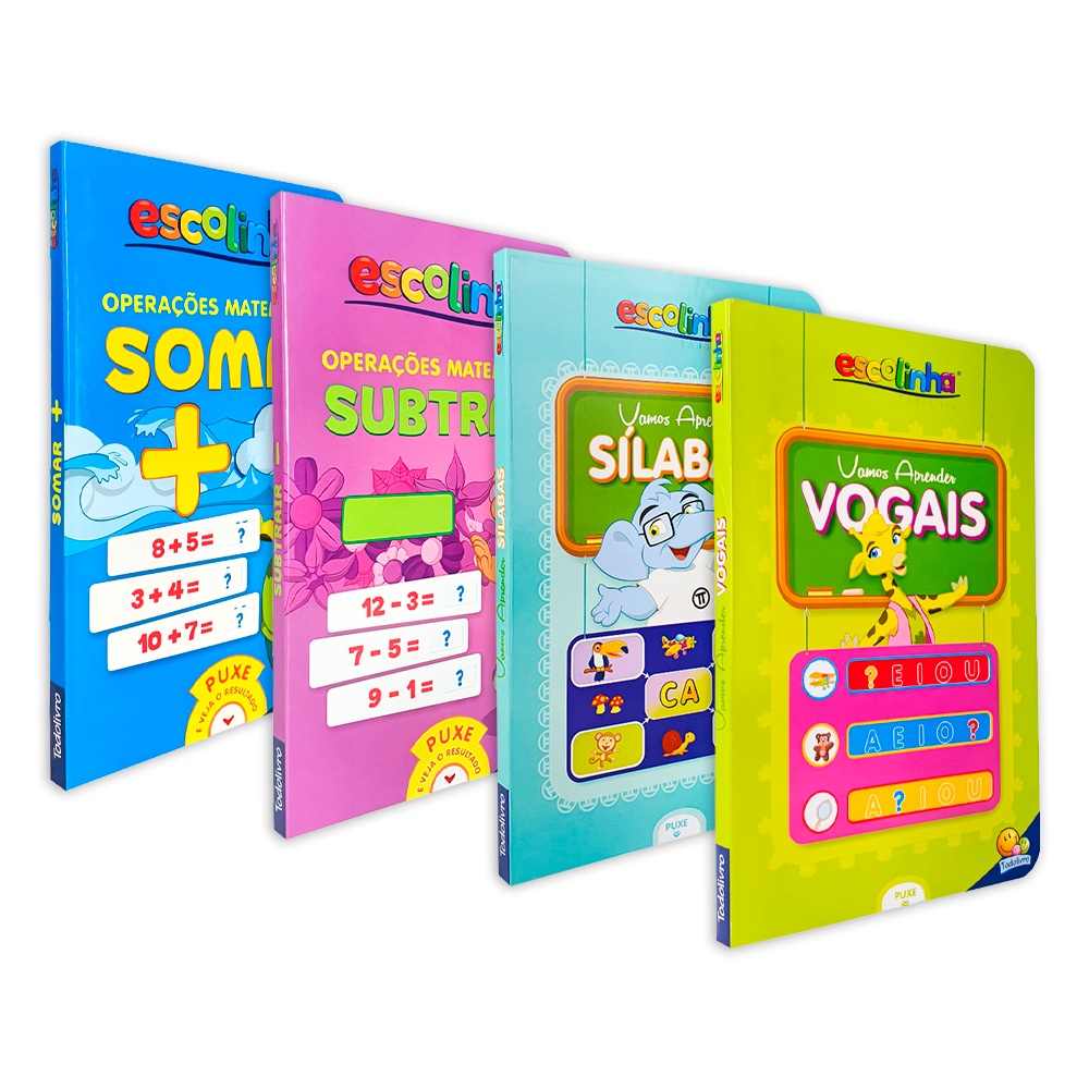 Kit 4 Livros Escolinha | Vamos Aprender Vogais e Sílabas + Operações de Matemática Somar e Subtrair