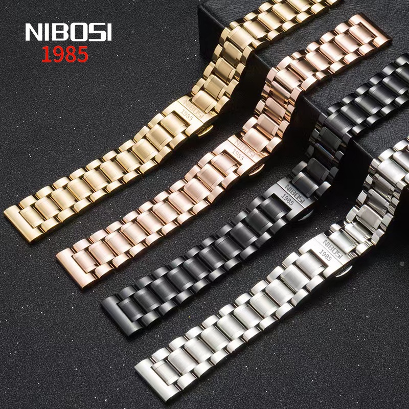 Pulseira De Aço Inoxidável NIBOSI , Refinado Sólido Relógio Duplo Borboleta , Acessórios Para 22mm
