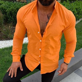 Moda Masculina Manga Longa Botão Colarinho Algodão Linho Placa De Casual Camiseta