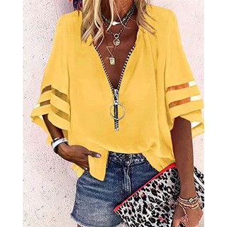Camisa casual feminina de manga curta top camiseta verão nova com decote em v zíper camisa de meia manga unindo top feminino solto
