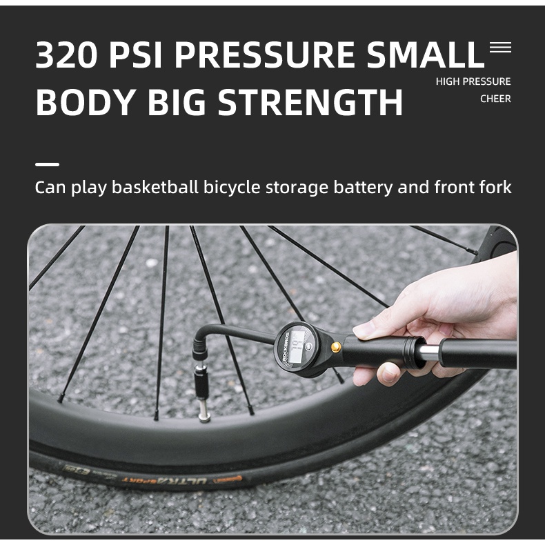 Detalhes do ROCKBROS Bomba De Bicicleta 320PSI Barômetro De Alta Pressão Inflador De Ar De Duas Tempos Mini Alumínio De Liga Presta Schrader Válvula