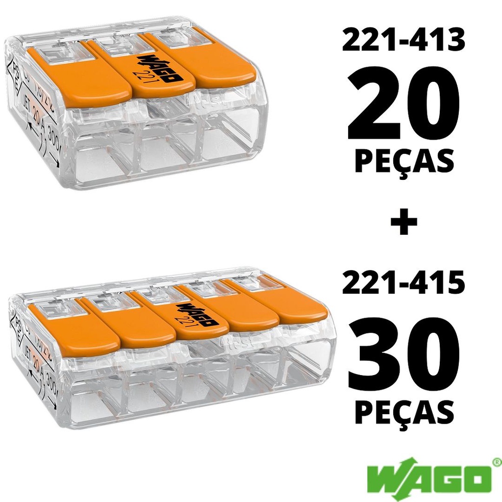 50un Conector Emenda Derivação Wago 3 e 5 vias 4mm² 32A/450V (20+30)