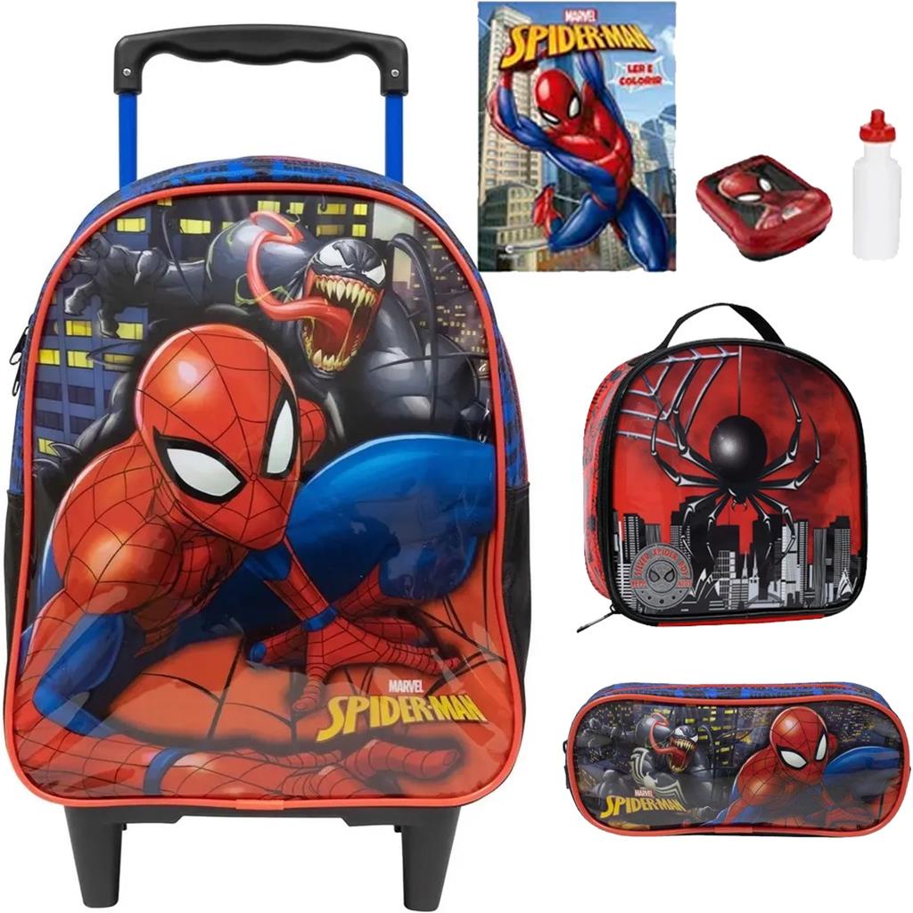 Kit Mochila Mochilete Escolar Homem Aranha Spiderman Rodinhas Infantil Tamanho Grande Com Lancheira Termica Garrafinha Potinho Homem Aranha Estojo Duplo