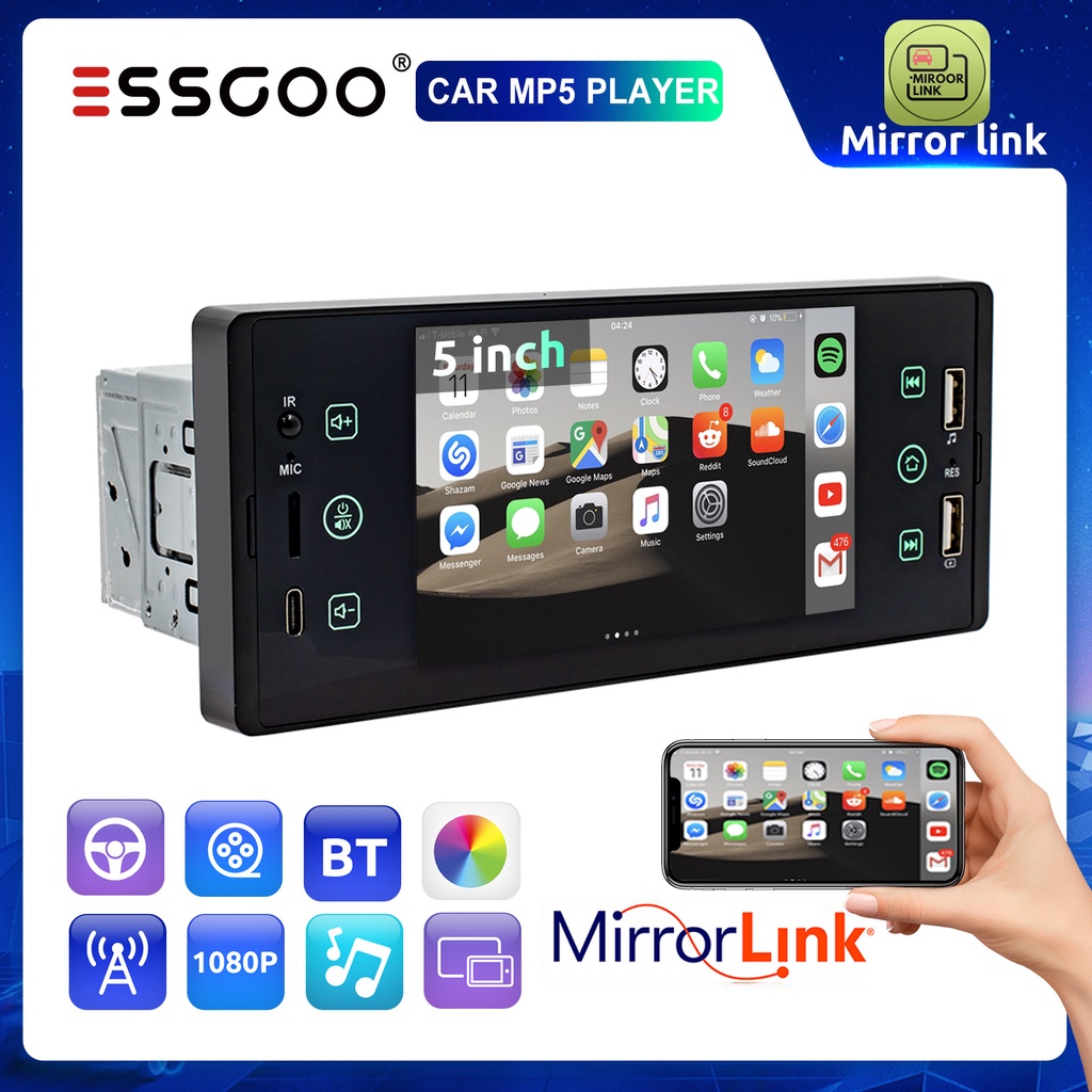 ESSGOO 5 " Rádio Estéreo De Carro Touch Screen 1 Din Mirror link FM Bluetooth Reprodutor Central Multimídia MP5 Player Type-C TF USB