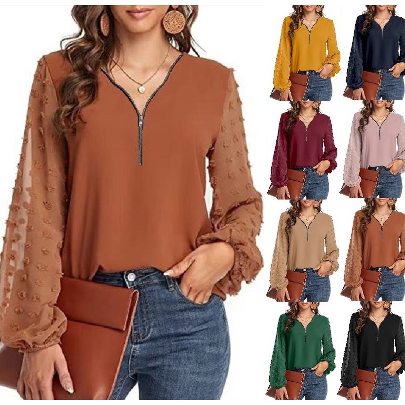Moda Elegante Luxuosa Blusas Mulher 2022 Verão Laranja Gola V Plus Size Camisetas Zíper Feminina Manga Longa Solta Camisa Chiffon