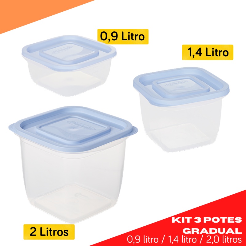 Kit 3 Potes Gradual 0,9 / 1,4 / 2,0 Litros | Shopee Brasil