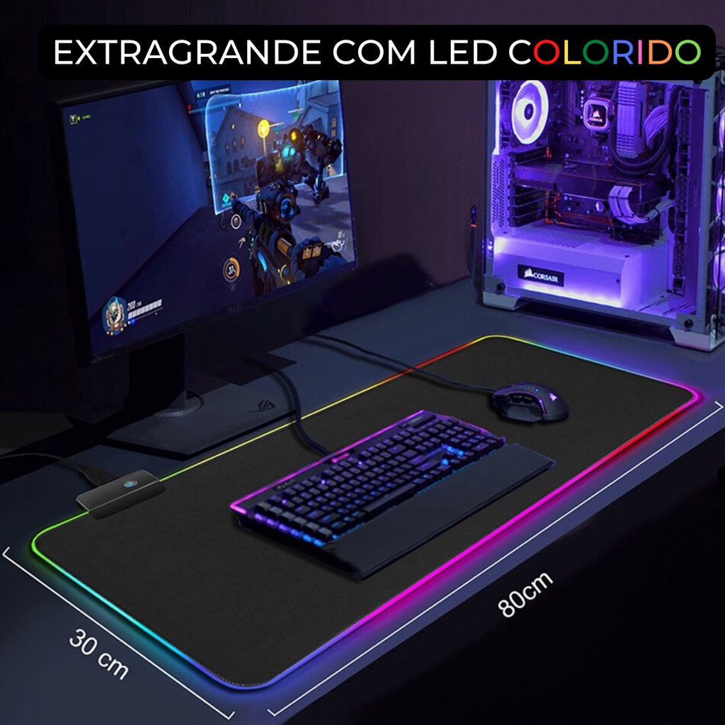 Mouse Pad Gamer RGB Grande Com Led Extragrande Emborrachado Preto - 13 Modos de Cores - 80x30 com 4 mm de Espessura - Exbom