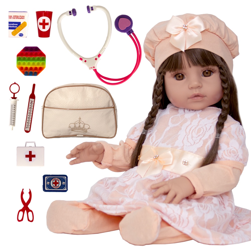Boneca Bebe Reborn Bratz Cabelo Castanho e Acessorios NPK