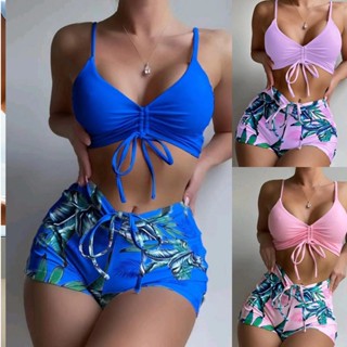 Biquíni Cintura Alta short Feminino estampa Boxer Conjunto biquine De Calção azul