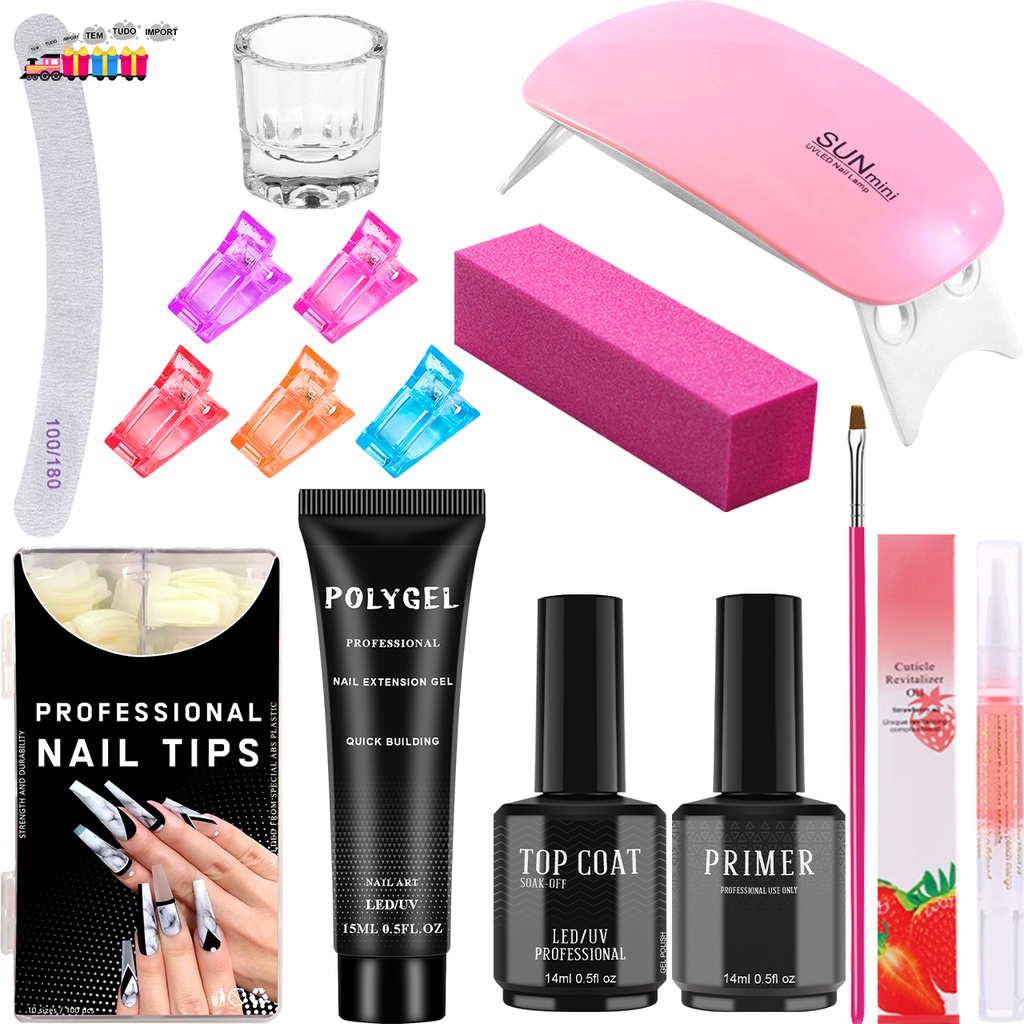 Kit Polygel Alongamento de unha Poli Gel Completo Molde F1 + Cabine Sun Mini Portátil + Top Coat + Primer + Poligel Kit Manicure Inicante