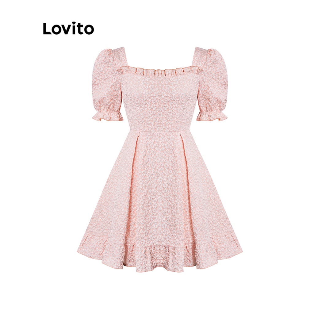 Vestido de mujer Lovito Romantic Floral con volantes en el bajo, largo midi y escote cuadrado L44AE011