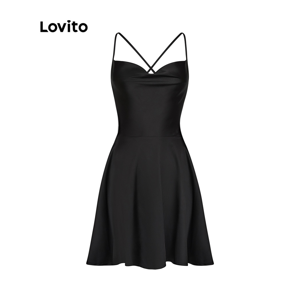 Lovito Vestido Feminino Casual Liso de Linha A Cetim Com Swing Collar Costas Abertas e Alças Finas L35ED028 (Preto)