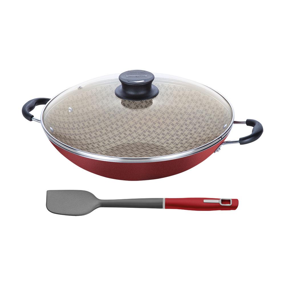 Panela Wok Paris Alumínio Antiaderente 36cm e Espátula de Silicone Verano Vermelho- Tramontina