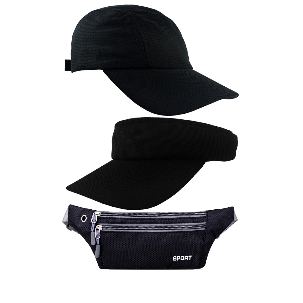 Kit Esportivo Com Boné E Viseira Lisa + Pochete Sport Masculino, Feminino Para Corrida, Ciclismo, Praia, Caminhada