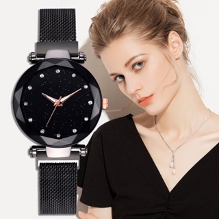 Luxuoso Céu Estrelado Mulheres Relógio Fivela Magnética Preta Faixa De Malha De Aço Inoxidável Rhinestone Relógios De Pulso Lady Watches reloj