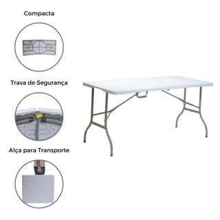Mesa Dobrável Portátil De Plástico Que Vira Maleta Para Camping Praia Churrasco 180X74cm Branco