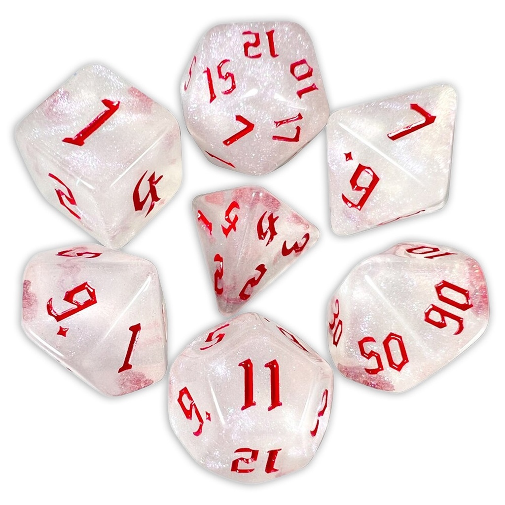 Kit 7 Dados RPG Iridescente Branco e Vermelho Poliédricos Brilho Glitter Set dice D&D D20 D12 D10 D% D8 D6 D4