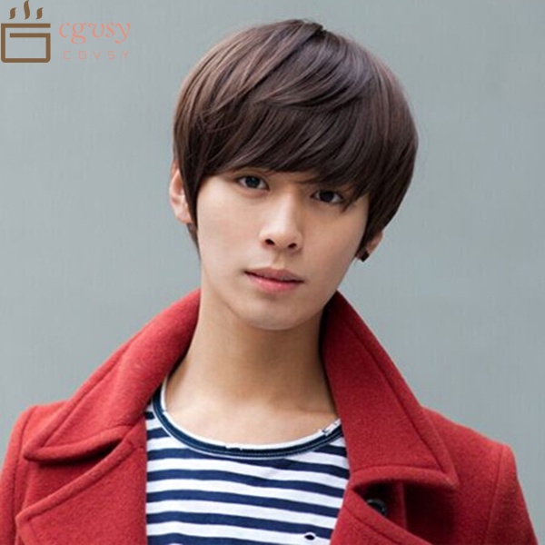 Perucas Masculinas Curto Liso Cabelo Fofo Fibra Artificial Estilo Bonito Falso Capa De Natural E Respirável Peso Leve Marrom Escuro