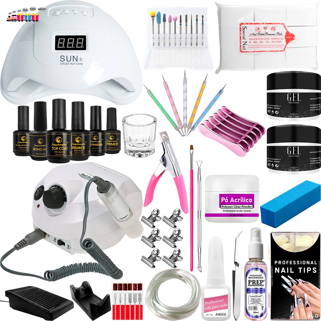 Kit Manicure de Unha Gel Completo Cabine Sun 5 48w + Lixa Lixadeira Eletrica Motor Porquinho + kit Blindagem Fengshangmei Pretinho Do Poder Profissional