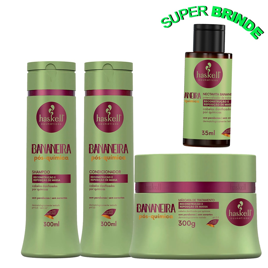 Kit Bananeira Haskell Shampoo Condicionador e Máscara P + Nectavita - Repositor de Massa