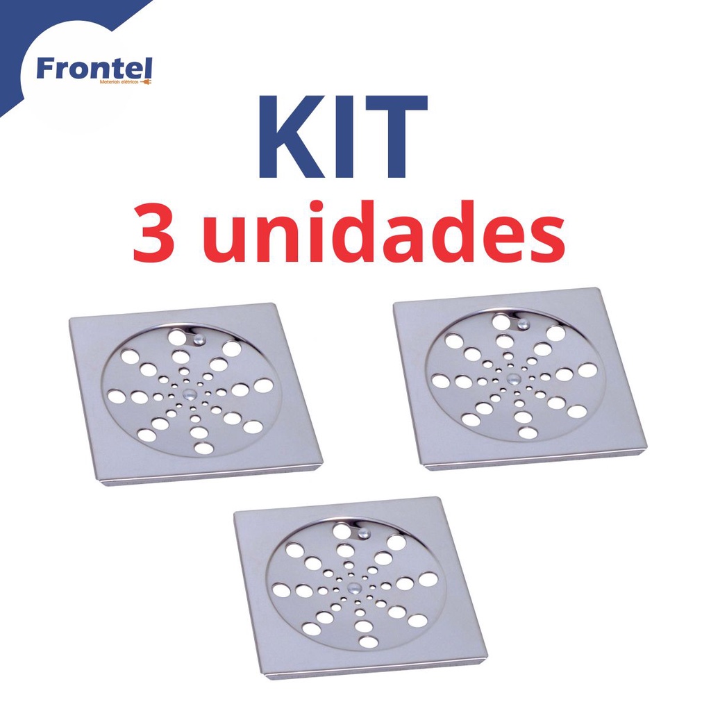 Kit com 3 Ralo Tampa Grelha Aço Inox Quadrado Abre e Fecha Rotativo 10 cm 100 mm  banheiro quintal brilhante Quadrada