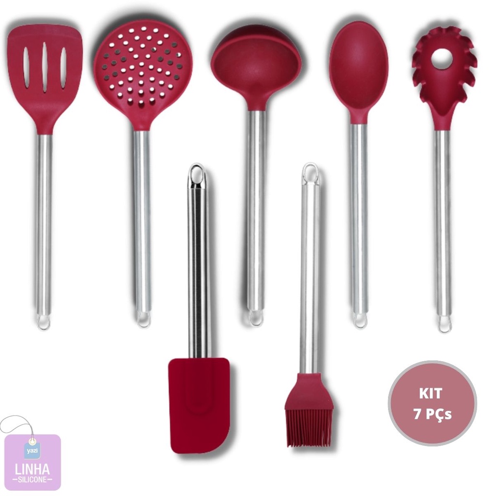 Utensílios Cozinha Silicone Cabo Inox Kit 7 Peças em Oferta na Shopee