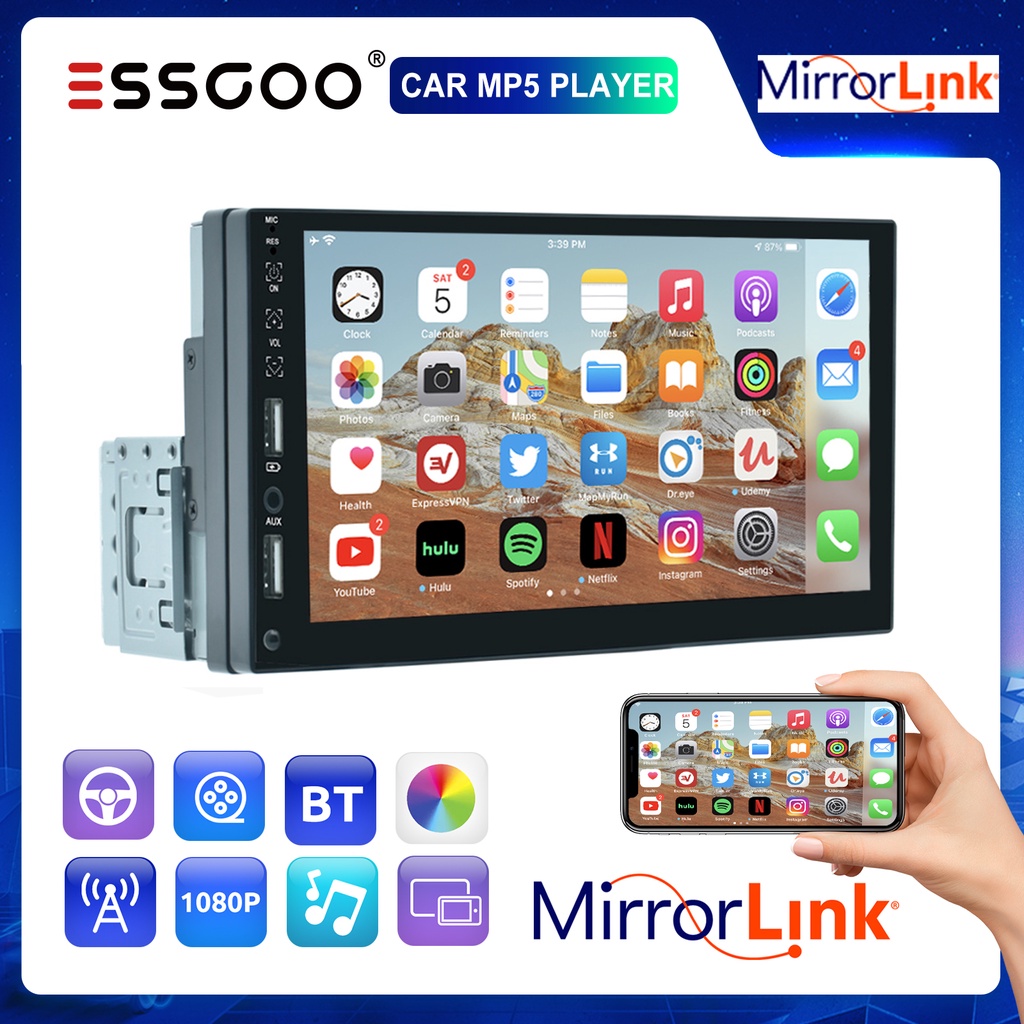 ESSGOO Rádio De Carro 1 Din 7 " Tela Sensível Ao Toque Espelho Link Multimídia MP5 Receptor Vedio Bluetooth FM USB/AUX