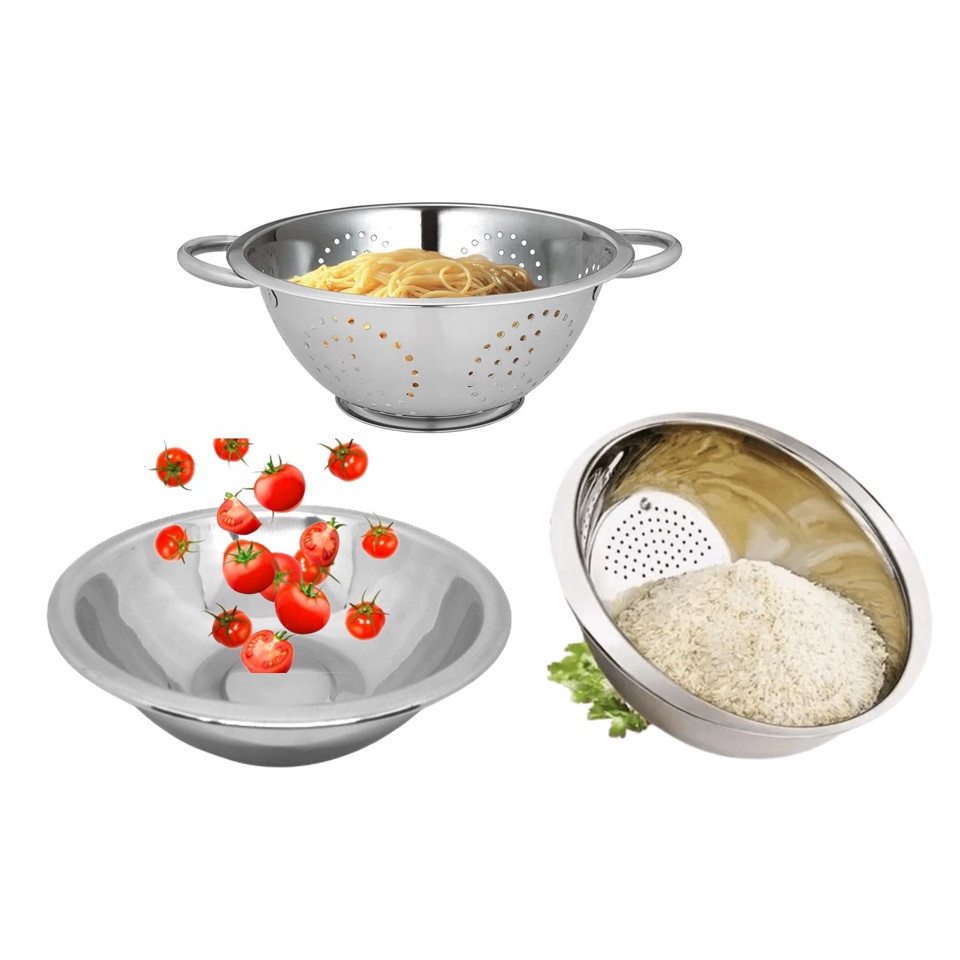 Kit Aço Inox 3 peças Escorredor de Macarrão, Arroz e Saladeira 24cm - Mundial Import