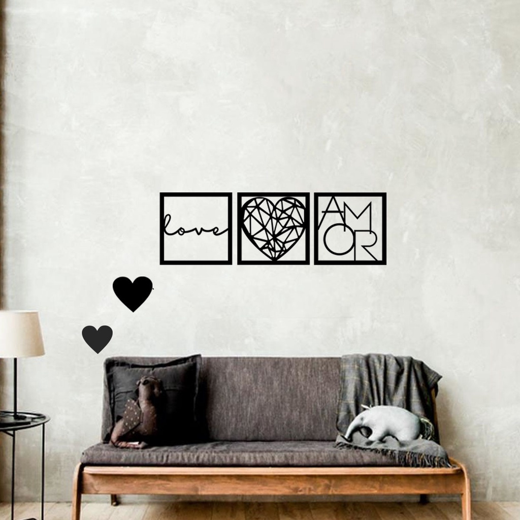 Kit 3 Quadros Love Coração Geométrico Amor Decorativo Cabeceira Casal Mdf + 2 aplique mini coração
