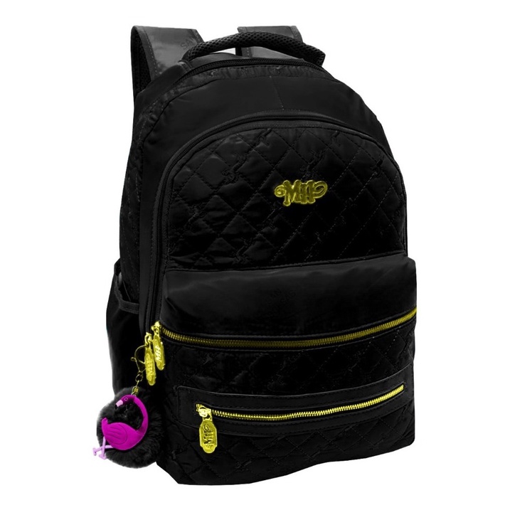 Mochila Feminina Preta Juvenil Notebook Pompom Chaveiro Flamingo Michele Hobbs Estilo Capricho Mh3971
