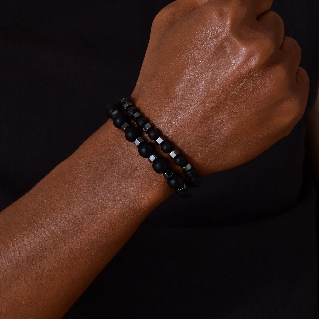 Vnox 8mm/6mm Black Gallstone Pulseiras De Empilhamento Masculino De Pedra Vulcânica Olho De Tigre Para Homens Conjunto De 2 Ele · foto 2