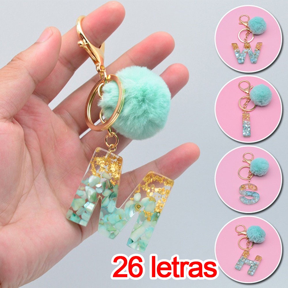 Chaveiro Fofo Bola Pele Pompom Verde 26 Letras Resina Encantadores Bolsa De Mão Para Mulher Enfeites Acessórios Presente