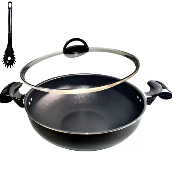 Panela, Paellera, Frigideira Paella Wok 30 cm Antiaderente Preta + Espátula