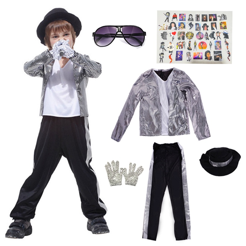 6pçs Crianças Meninos Michael Jackson Fantasia Cosplay Lantejoulas Roupas Adesivos Óculos De Sol Conjunto Halloween Vestido Elegante Palco Traje